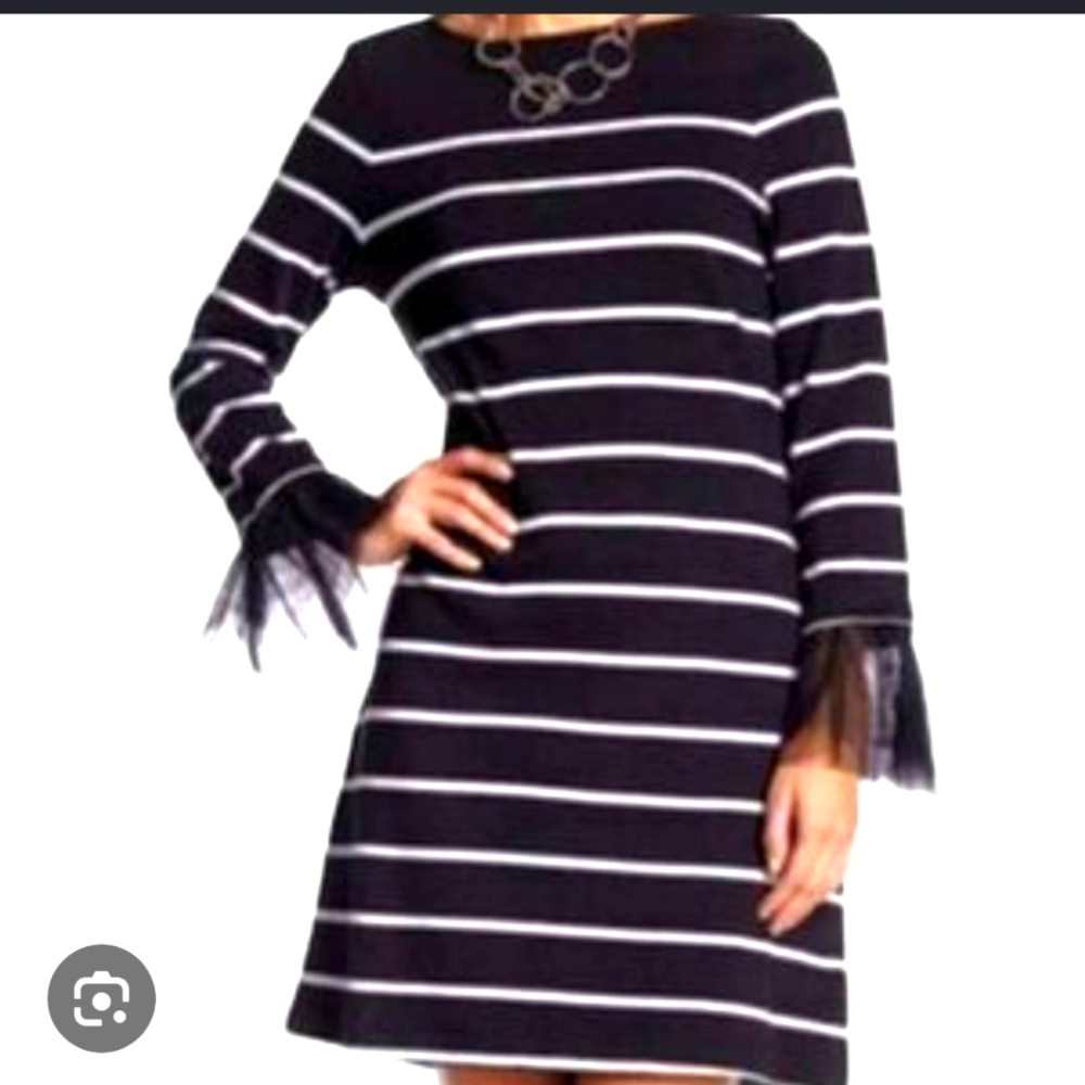 Beach Lunch Lounge 100% Cotton Black And White Stripe Tulle Sleeve Mini Dress XS